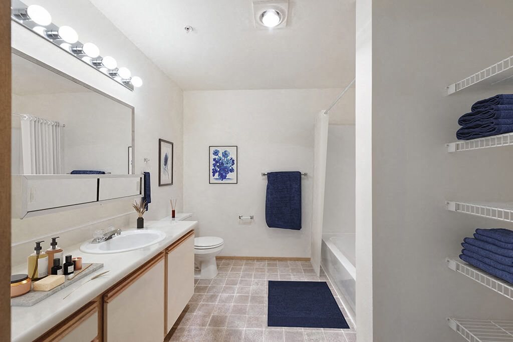Bathroom with shelving at Boardwalk in Olympia WA